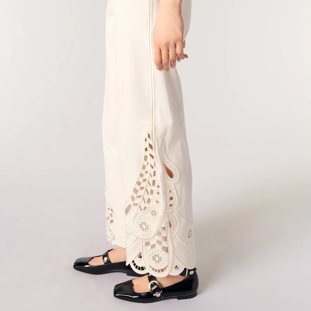 Maje Cream Embroidered Trousers with Cut Outs